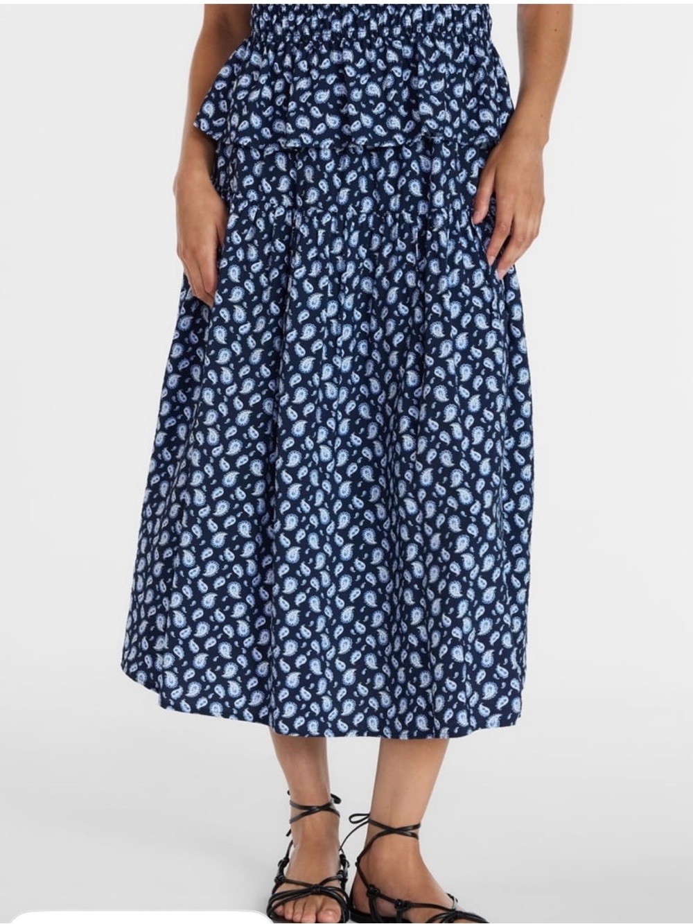 Women's Navy Blue Paisley Gathered Midi-Maxi Skirt Size Small